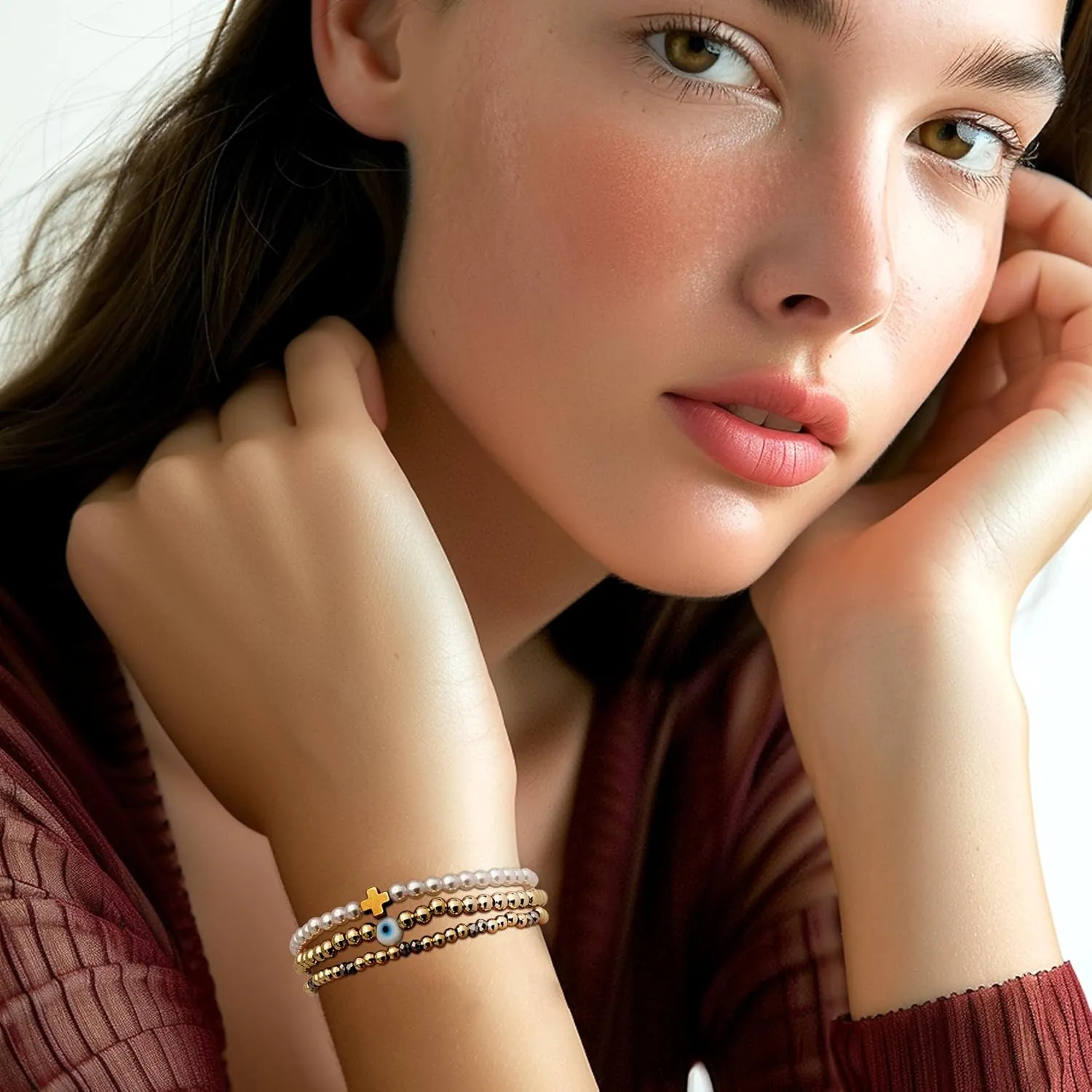 Gold beaded Pearl Heart Bracelets for Women, Cute Handmade Stackable Boho Beads Ball Friendship stretch Bracelet Summer Beach Jewelry Gift