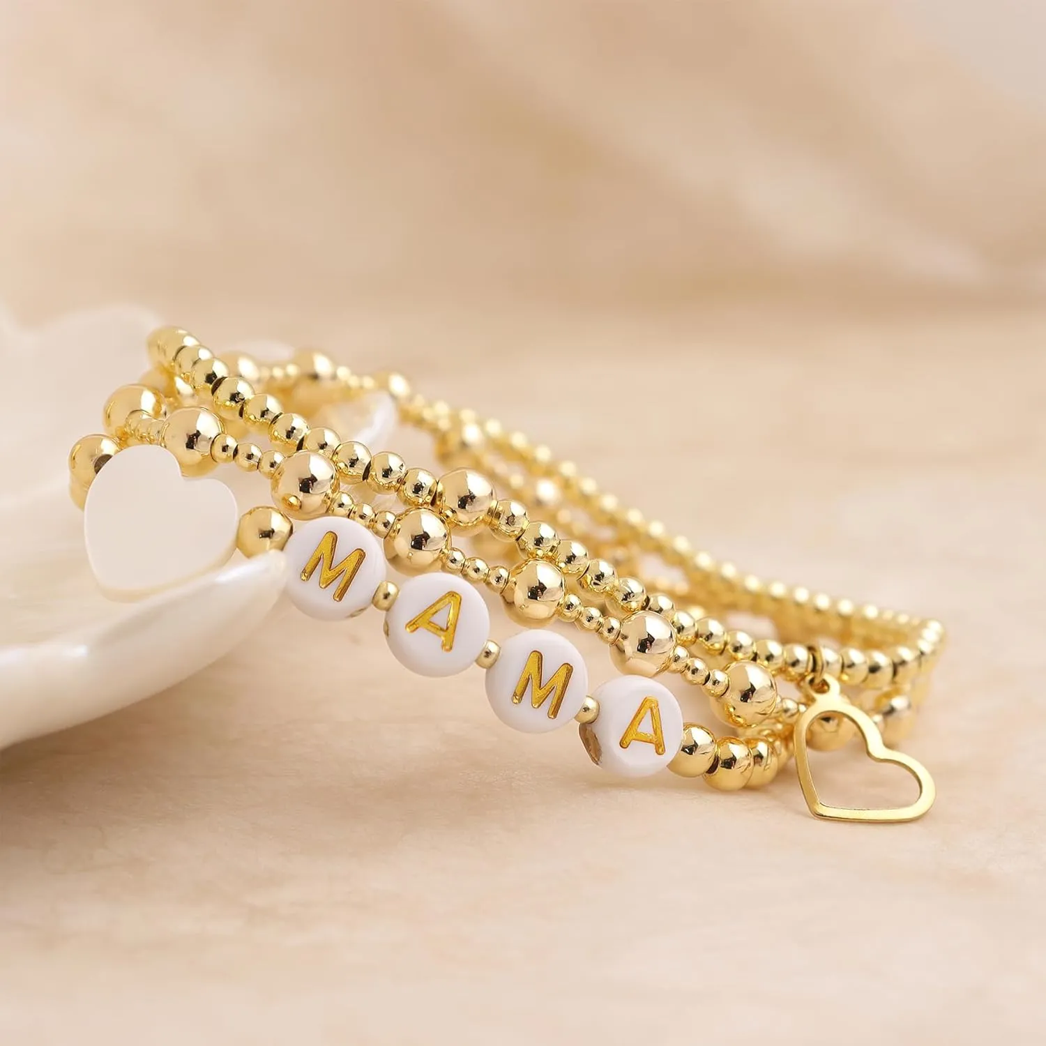 Gold beaded Pearl Heart Bracelets for Women, Cute Handmade Stackable Boho Beads Ball Friendship stretch Bracelet Summer Beach Jewelry Gift