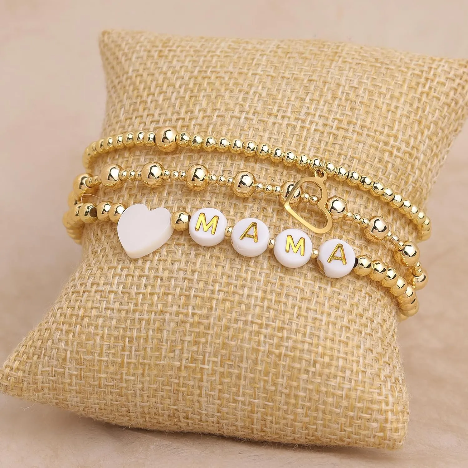 Gold beaded Pearl Heart Bracelets for Women, Cute Handmade Stackable Boho Beads Ball Friendship stretch Bracelet Summer Beach Jewelry Gift