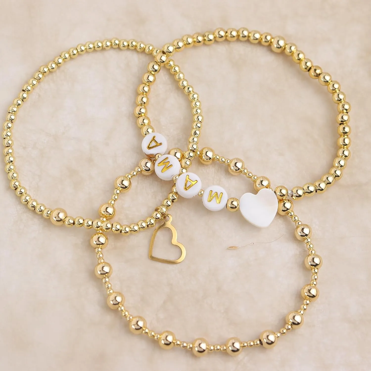 Gold beaded Pearl Heart Bracelets for Women, Cute Handmade Stackable Boho Beads Ball Friendship stretch Bracelet Summer Beach Jewelry Gift