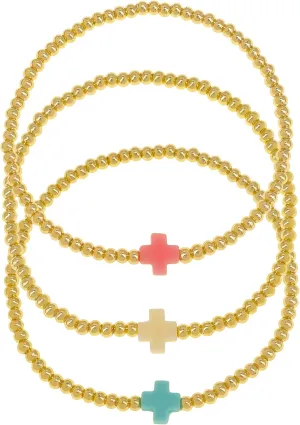 Gold Beaded Stack Colorful Cross Bracelets Stack Set for Women, Boho Handmade Ball Beads Stackable Friendship Stretch Prom Holiday Jewelry Gift.