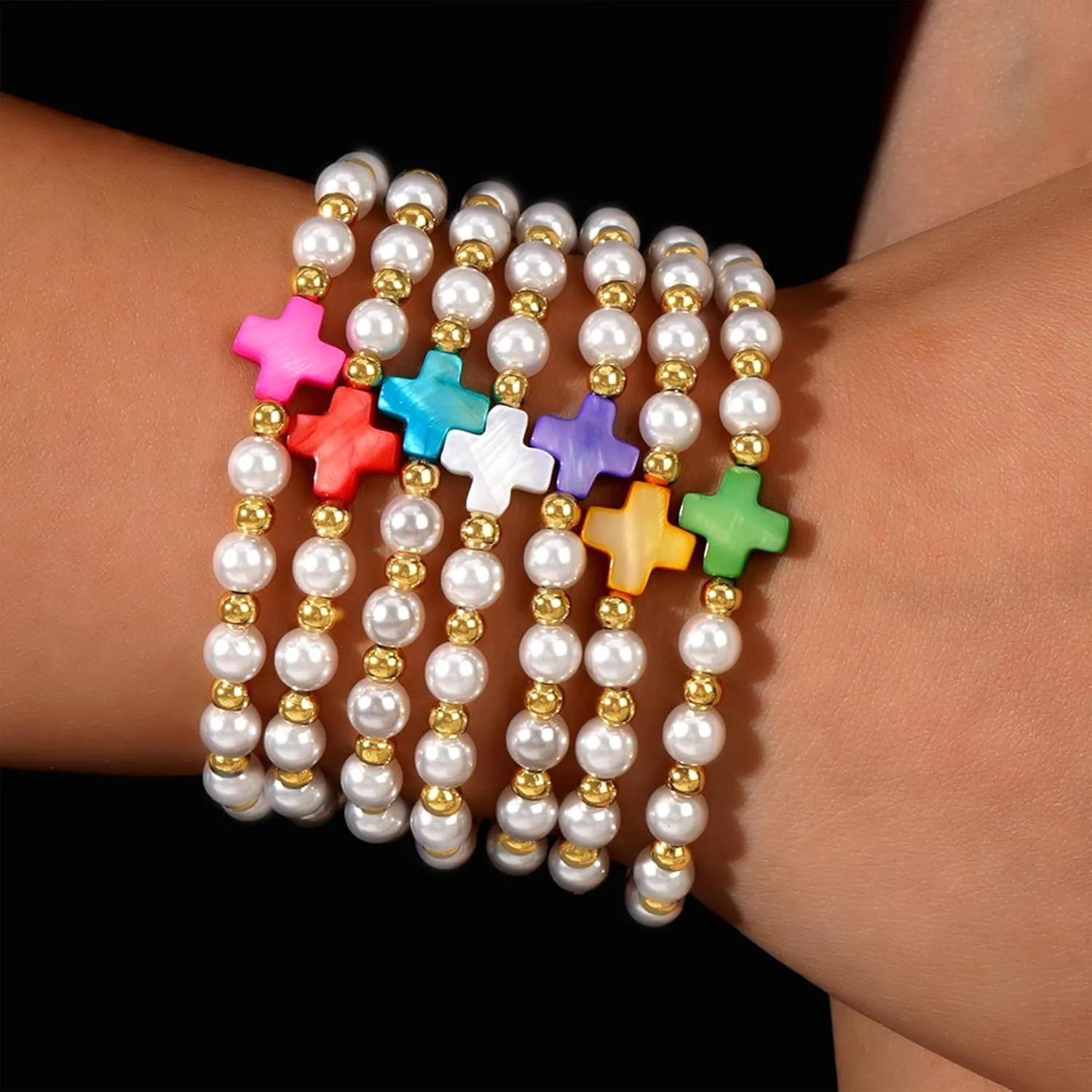 Gold Beads Cross Pearl Colorful Stack Bracelets Set for Women, 7Pcs Boho Handmade Friendship Bracelet Summer Beach Jewelry Gift.