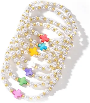 Gold Beads Cross Pearl Colorful Stack Bracelets Set for Women, 7Pcs Boho Handmade Friendship Bracelet Summer Beach Jewelry Gift.