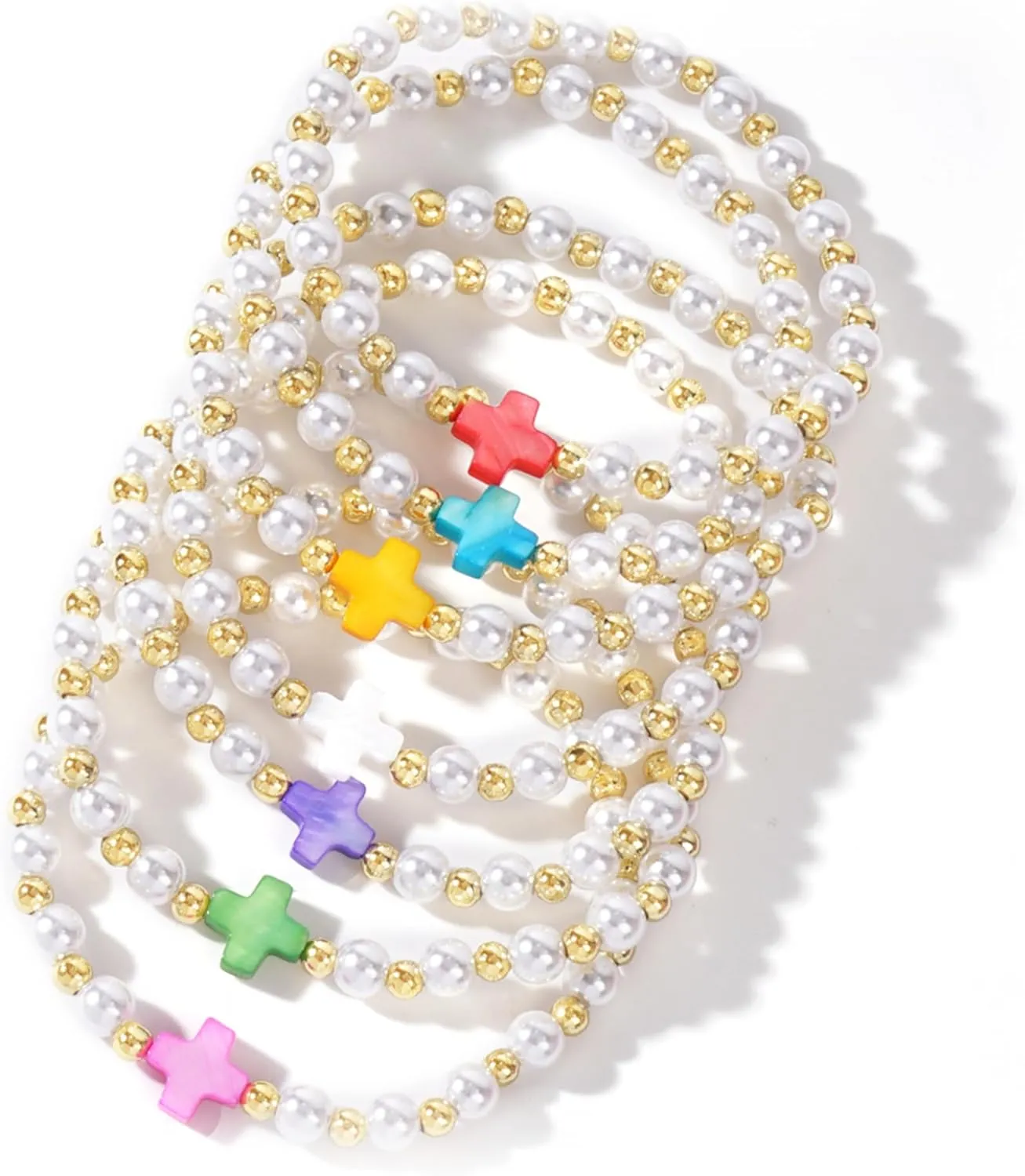 Gold Beads Cross Pearl Colorful Stack Bracelets Set for Women, 7Pcs Boho Handmade Friendship Bracelet Summer Beach Jewelry Gift.