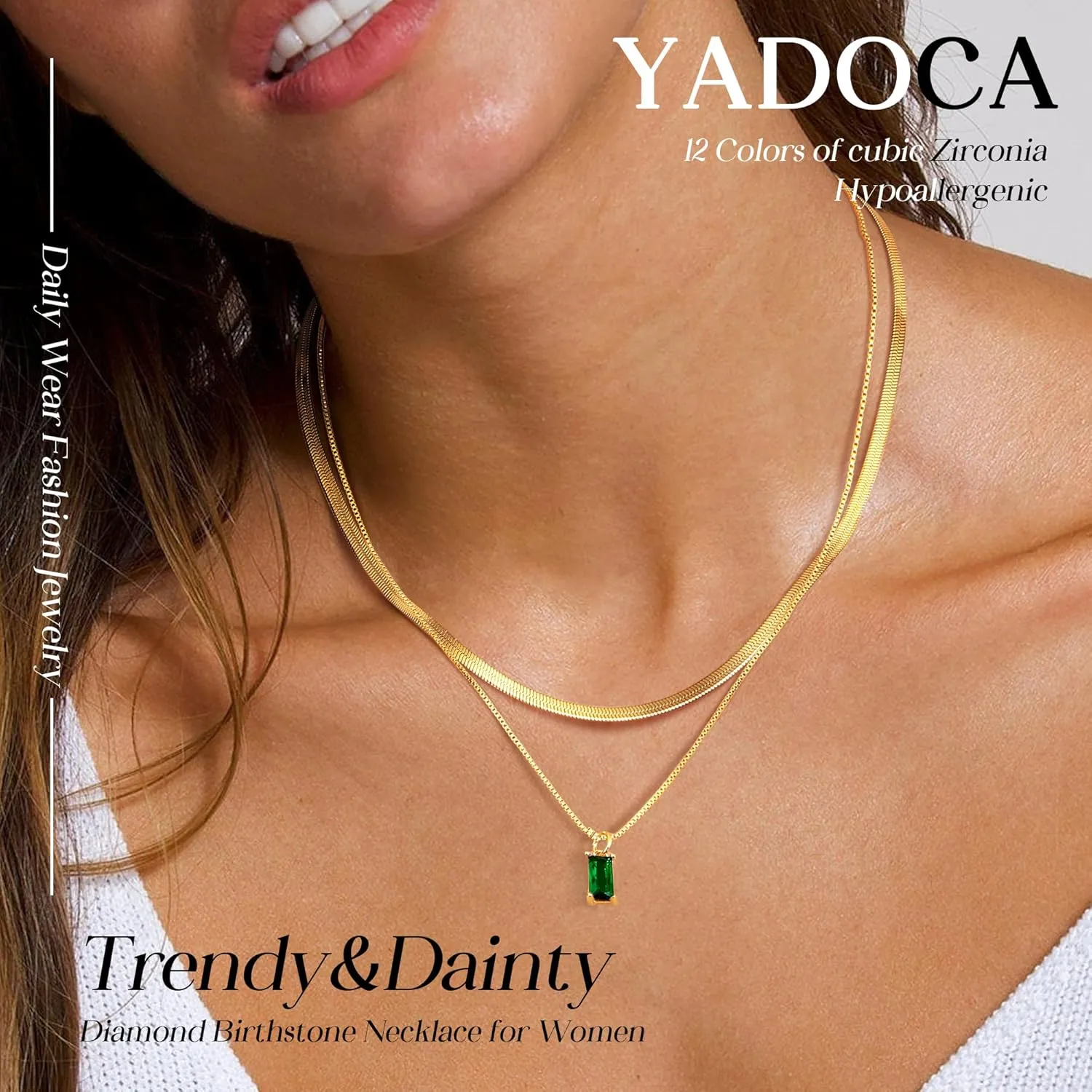 Gold Birthstone Layered Necklaces for Women - Dainty 14K Gold Plated Layered Necklace sparkling Green Diamond Pendant Necklace Simple Lightweight Gold Chain Necklace Set Stack Tarnish Free Gold Jewelry Necklaces for Women Trendy