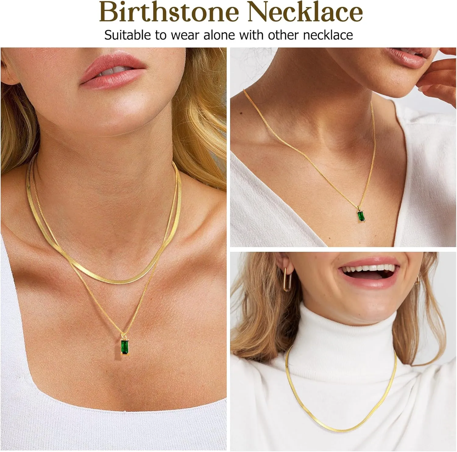 Gold Birthstone Layered Necklaces for Women - Dainty 14K Gold Plated Layered Necklace sparkling Green Diamond Pendant Necklace Simple Lightweight Gold Chain Necklace Set Stack Tarnish Free Gold Jewelry Necklaces for Women Trendy