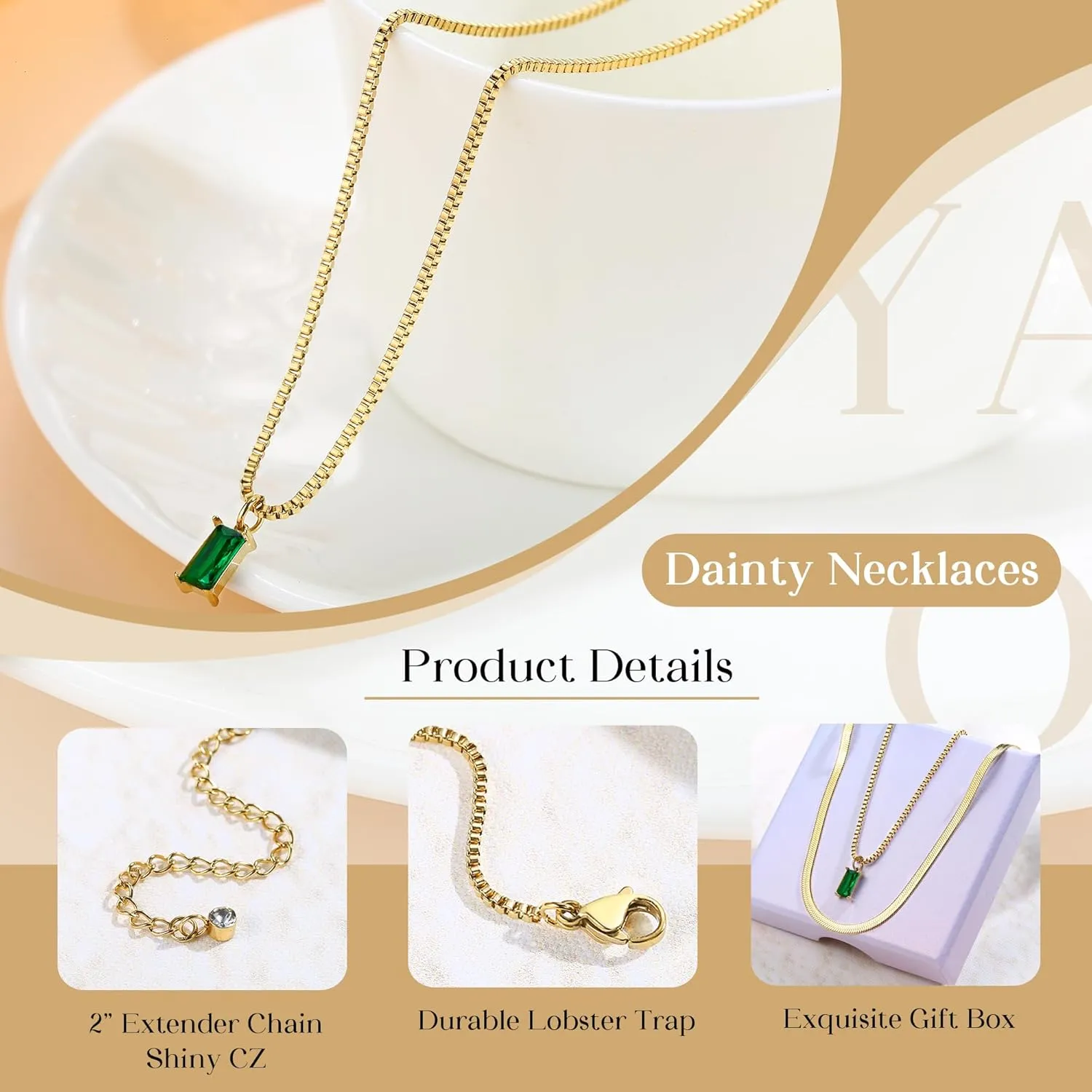 Gold Birthstone Layered Necklaces for Women - Dainty 14K Gold Plated Layered Necklace sparkling Green Diamond Pendant Necklace Simple Lightweight Gold Chain Necklace Set Stack Tarnish Free Gold Jewelry Necklaces for Women Trendy