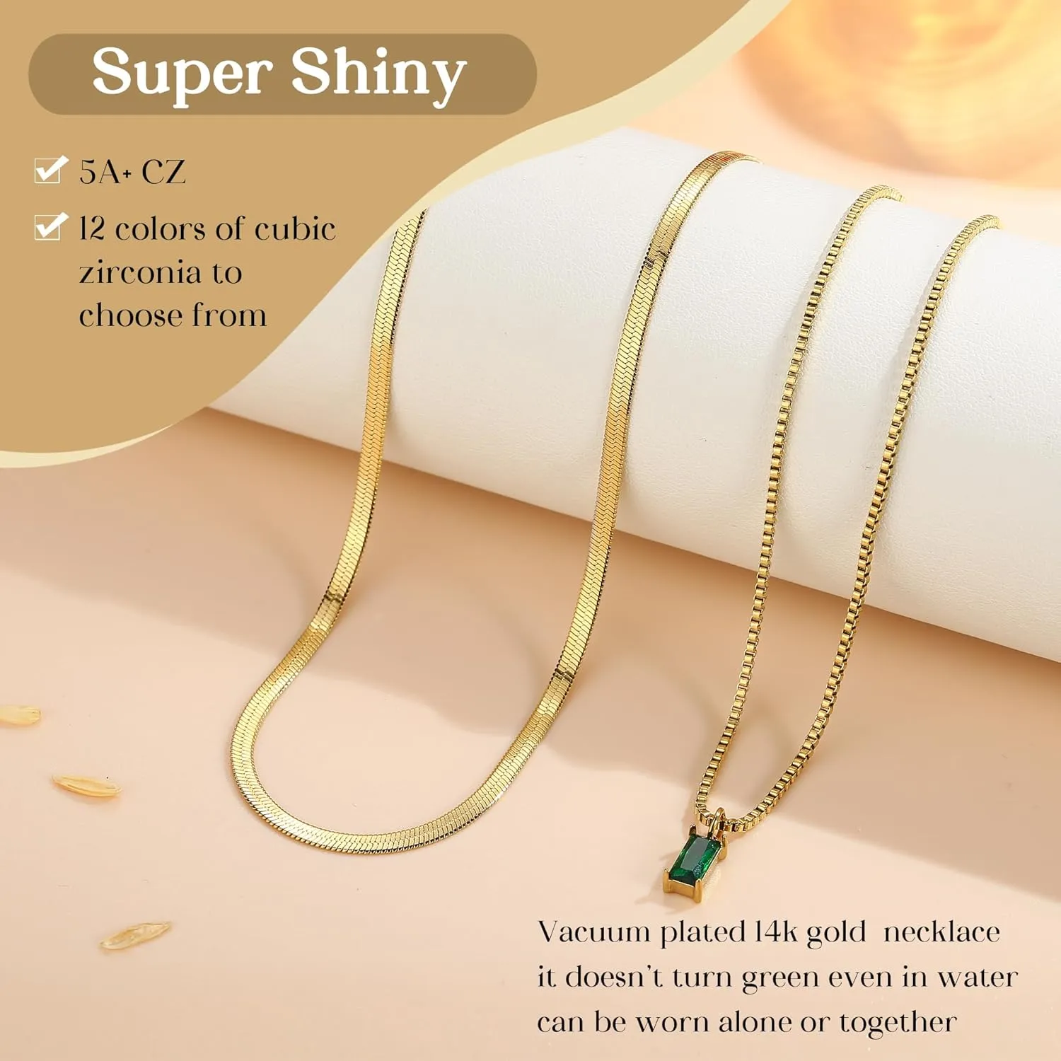 Gold Birthstone Layered Necklaces for Women - Dainty 14K Gold Plated Layered Necklace sparkling Green Diamond Pendant Necklace Simple Lightweight Gold Chain Necklace Set Stack Tarnish Free Gold Jewelry Necklaces for Women Trendy