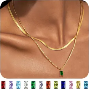 Gold Birthstone Layered Necklaces for Women - Dainty 14K Gold Plated Layered Necklace sparkling Green Diamond Pendant Necklace Simple Lightweight Gold Chain Necklace Set Stack Tarnish Free Gold Jewelry Necklaces for Women Trendy