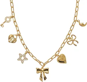 Gold Charm Necklaces for Women, 18K Gold Plated Bow Pendant Necklace Gold Heart Chain Aesthetic Star Jewelry