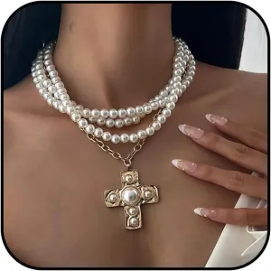 Gold Chunky Cross Necklace for Women Statement Necklace Pearl Cross Pendant Necklace Layered Hammered Bold Cross Necklace Vintage Toggle Clasp Necklace Jewelry