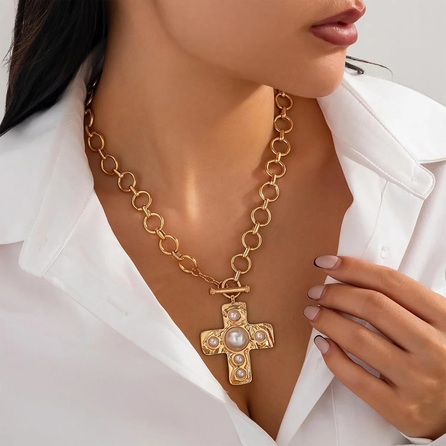 Gold Chunky Cross Necklace for Women Statement Necklace Pearl Cross Pendant Necklace Layered Hammered Bold Cross Necklace Vintage Toggle Clasp Necklace Jewelry