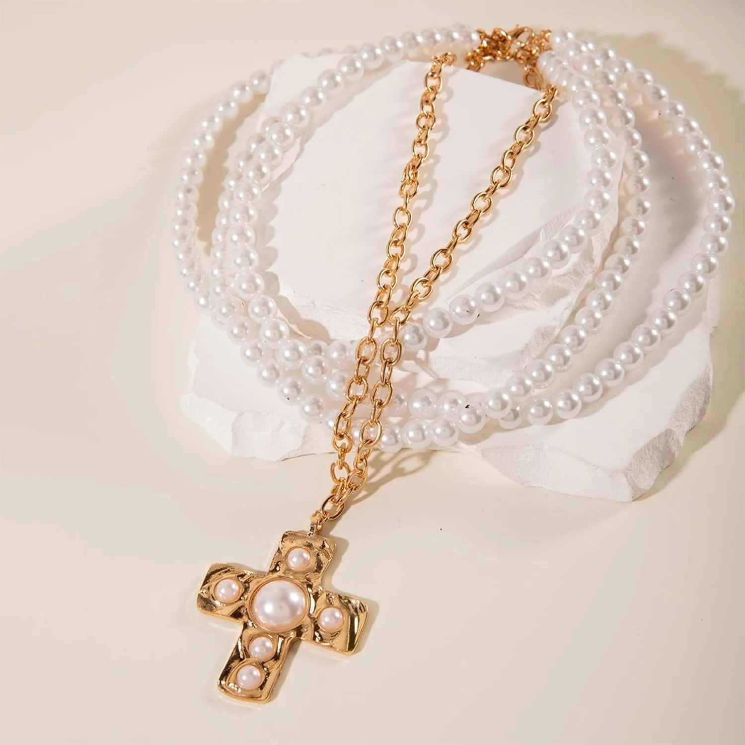 Gold Chunky Cross Necklace for Women Statement Necklace Pearl Cross Pendant Necklace Layered Hammered Bold Cross Necklace Vintage Toggle Clasp Necklace Jewelry