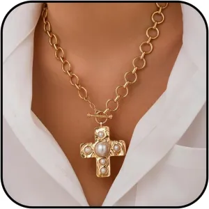 Gold Chunky Cross Necklace for Women Statement Necklace Pearl Cross Pendant Necklace Layered Hammered Bold Cross Necklace Vintage Toggle Clasp Necklace Jewelry
