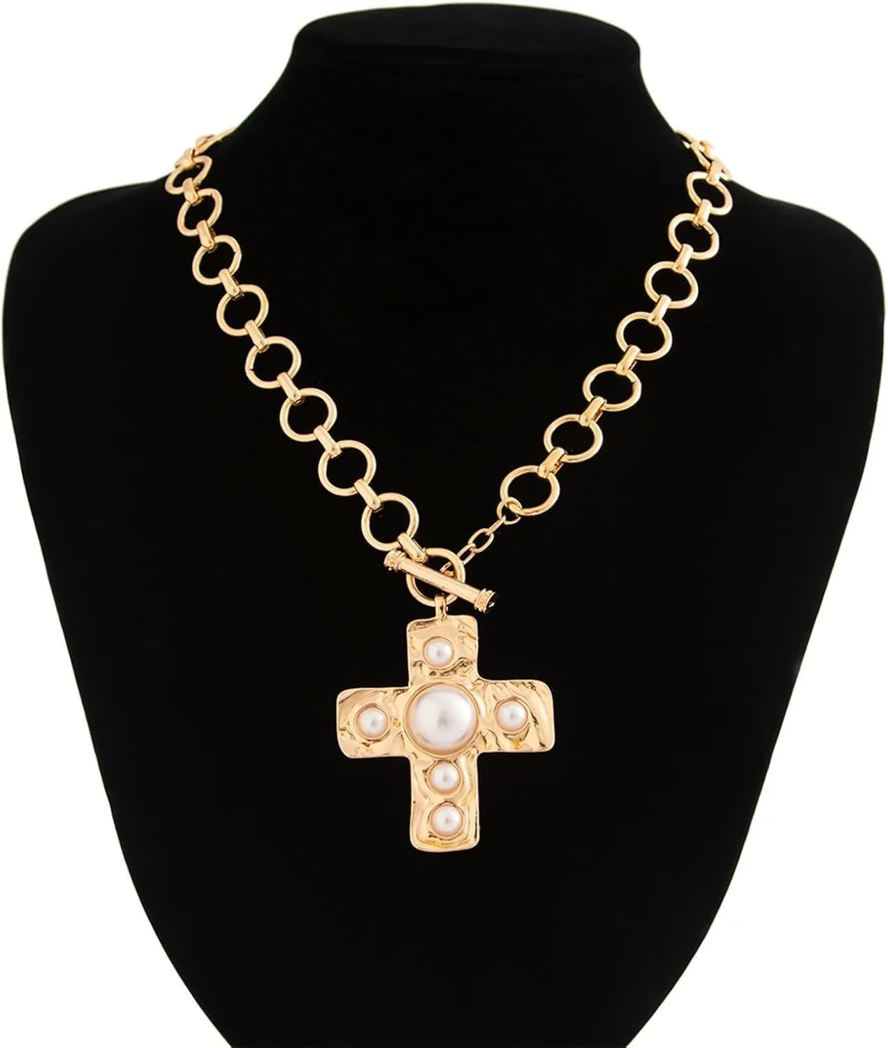Gold Chunky Cross Necklace for Women Statement Necklace Pearl Cross Pendant Necklace Layered Hammered Bold Cross Necklace Vintage Toggle Clasp Necklace Jewelry