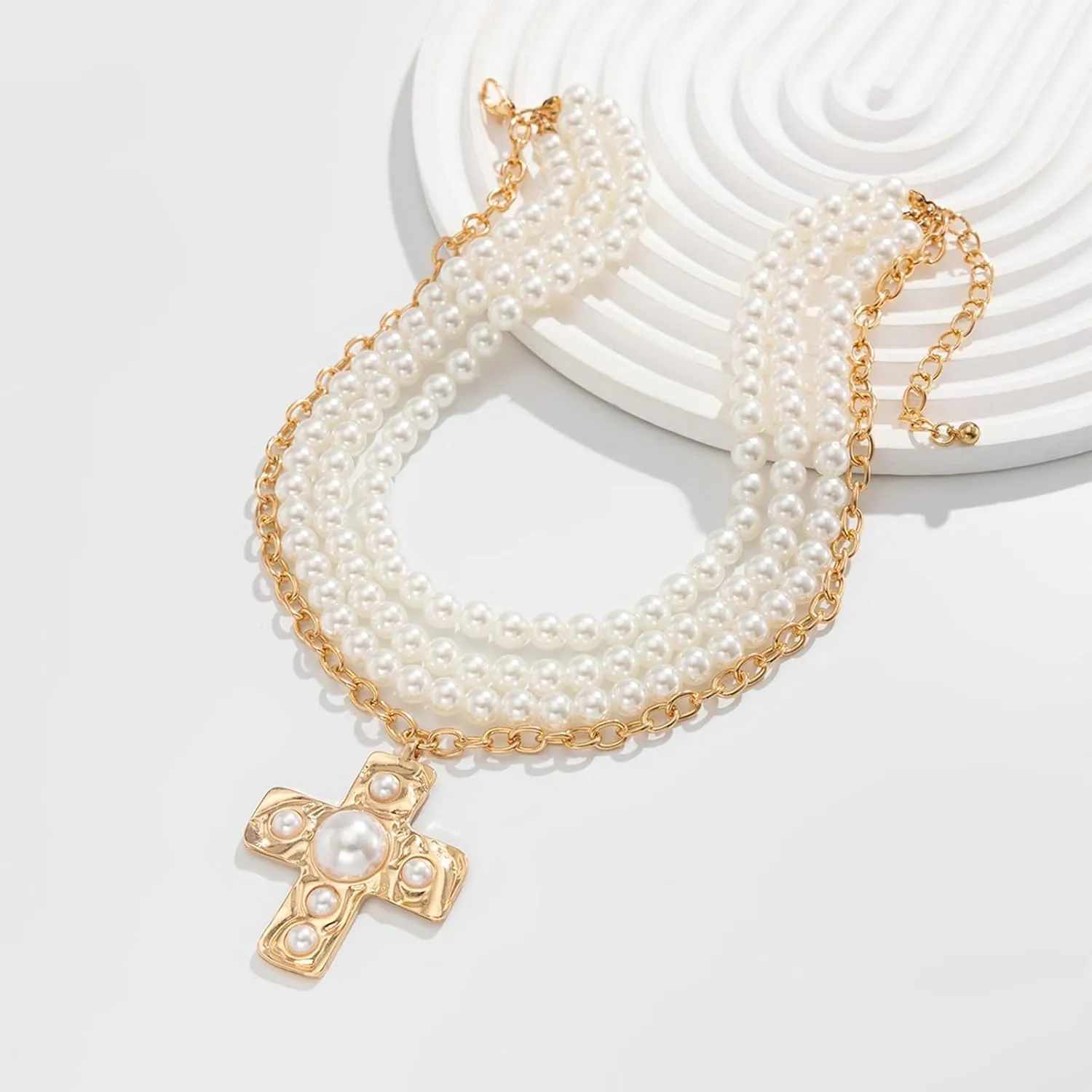 Gold Chunky Cross Necklace for Women Statement Necklace Pearl Cross Pendant Necklace Layered Hammered Bold Cross Necklace Vintage Toggle Clasp Necklace Jewelry