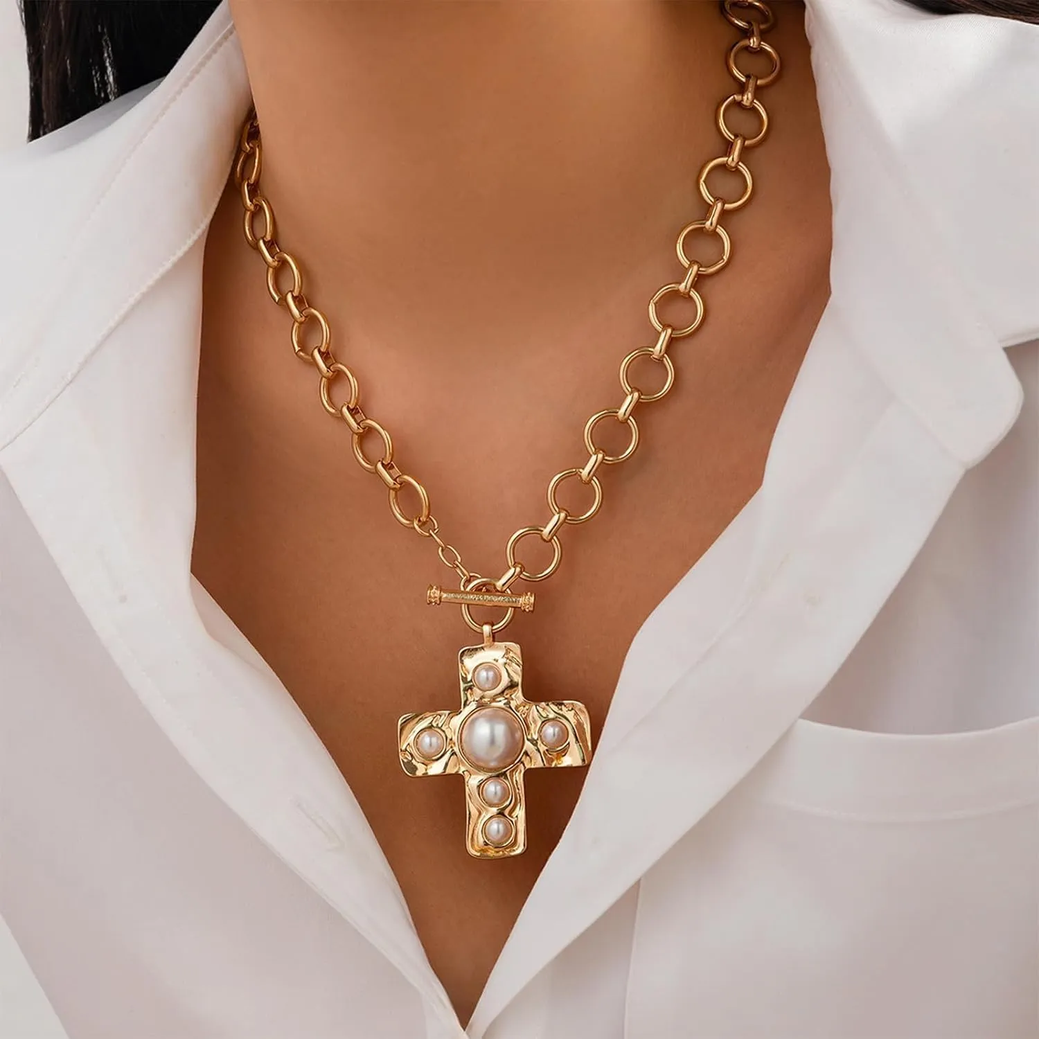 Gold Chunky Cross Necklace for Women Statement Necklace Pearl Cross Pendant Necklace Layered Hammered Bold Cross Necklace Vintage Toggle Clasp Necklace Jewelry