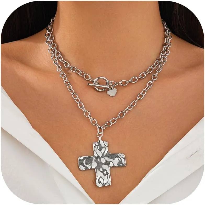 Gold Chunky Cross Necklace Women Statement Pendant Layered Hammered Bold Cross Vintage Toggle Clasp Jewelry