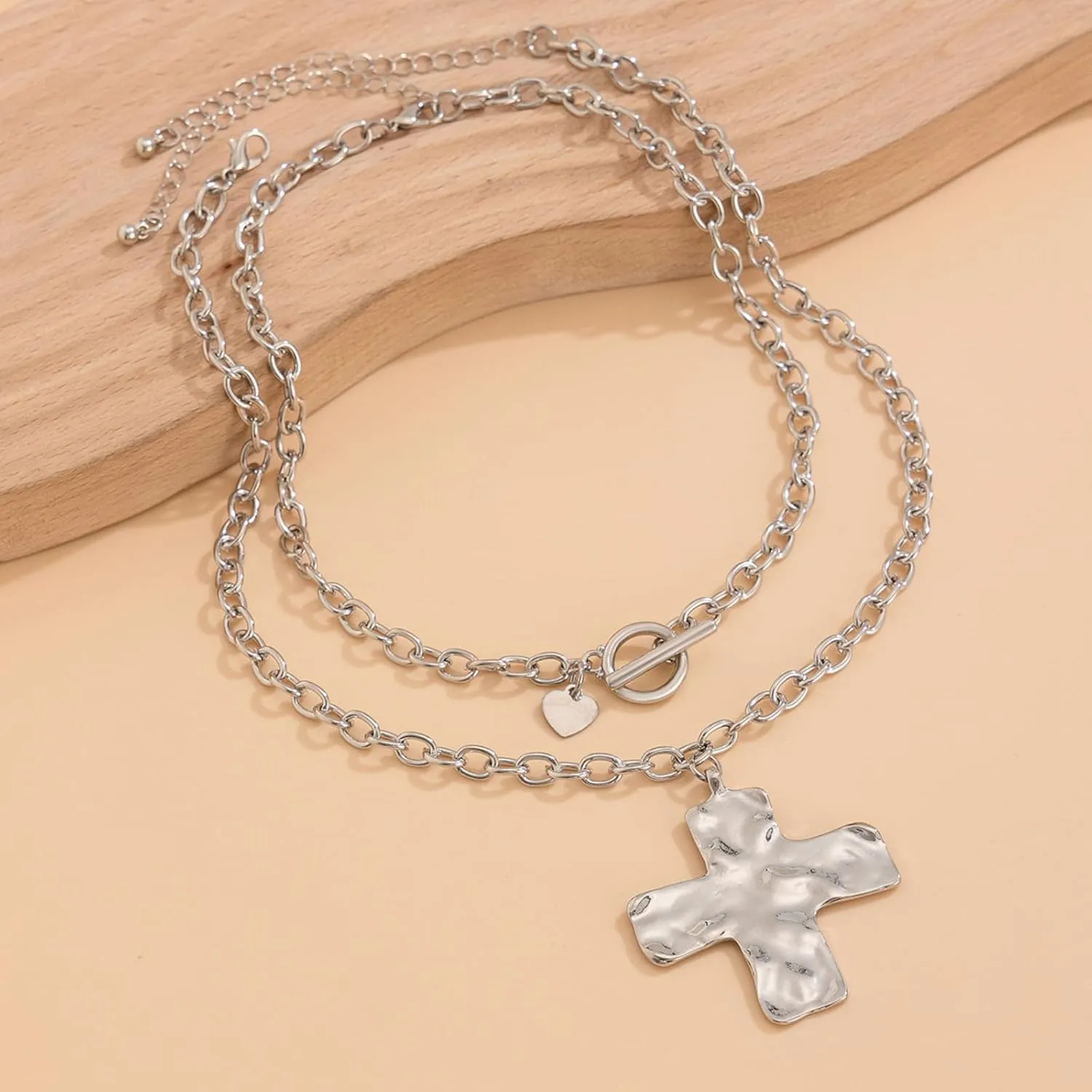 Gold Chunky Cross Necklace Women Statement Pendant Layered Hammered Bold Cross Vintage Toggle Clasp Jewelry