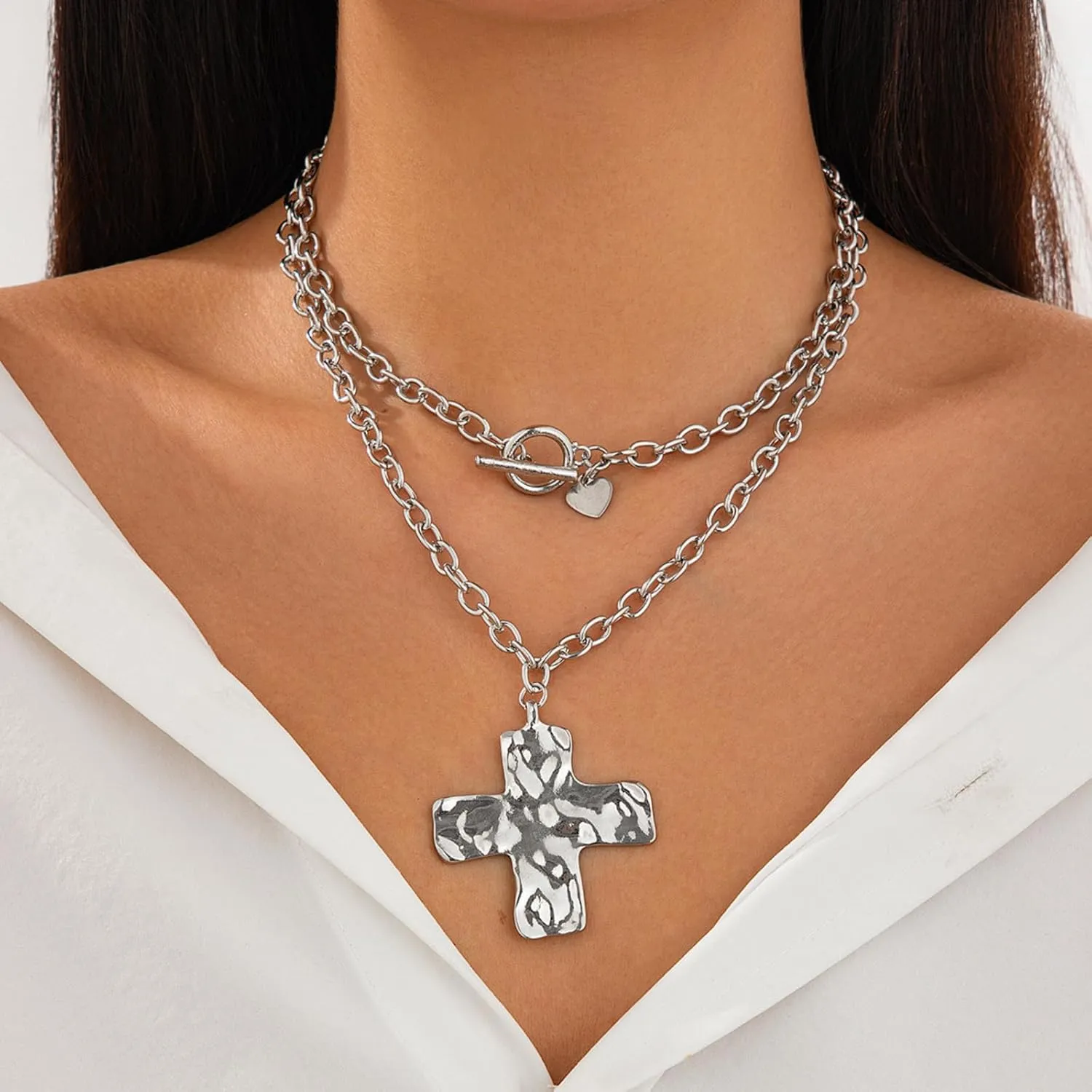 Gold Chunky Cross Necklace Women Statement Pendant Layered Hammered Bold Cross Vintage Toggle Clasp Jewelry