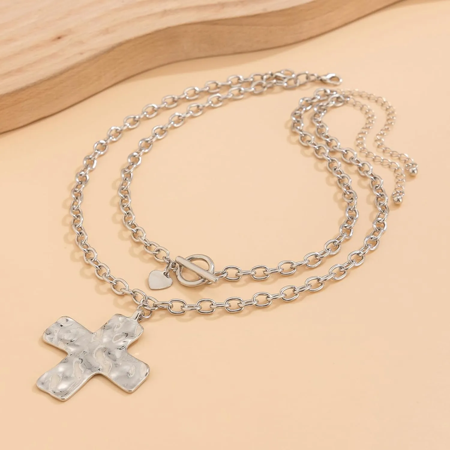 Gold Chunky Cross Necklace Women Statement Pendant Layered Hammered Bold Cross Vintage Toggle Clasp Jewelry