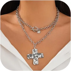 Gold Chunky Cross Necklace Women Statement Pendant Layered Hammered Bold Cross Vintage Toggle Clasp Jewelry