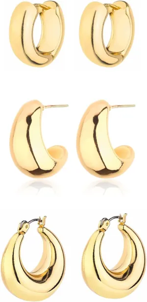 Gold Chunky Hoop Earrings Set for Women, 14K Gold Plated Twisted Huggie Hoop Earring Hypoallergenic, Thick Open Hoops Set Lightweight