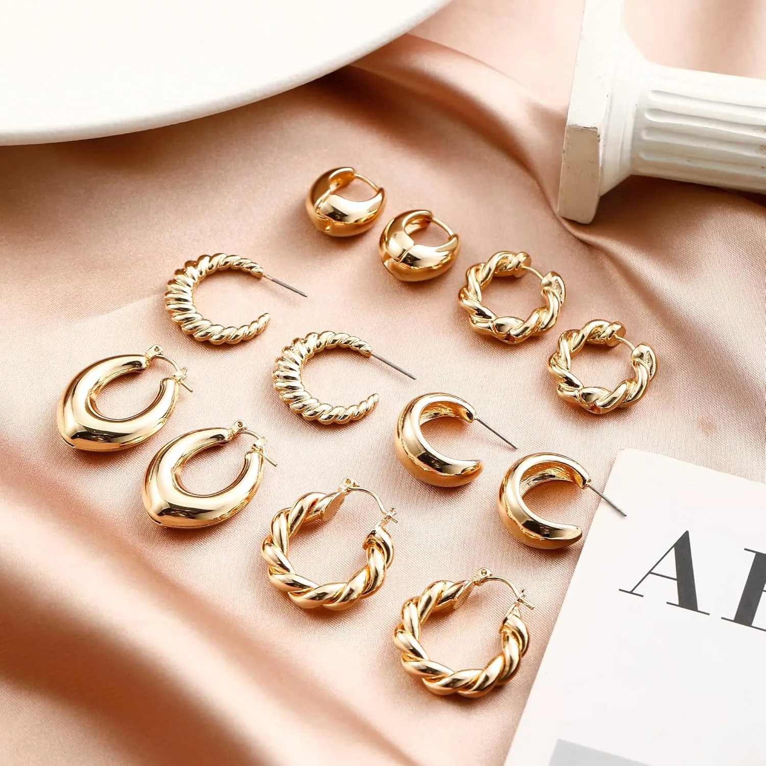 Gold Chunky Hoop Earrings Set for Women, 14K Gold Plated Twisted Huggie Hoop Earring Hypoallergenic, Thick Open Hoops Set Lightweight