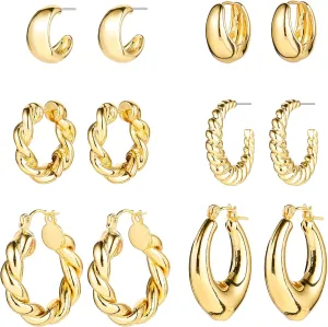 Gold Chunky Hoop Earrings Set for Women, 14K Gold Plated Twisted Huggie Hoop Earring Hypoallergenic, Thick Open Hoops Set Lightweight