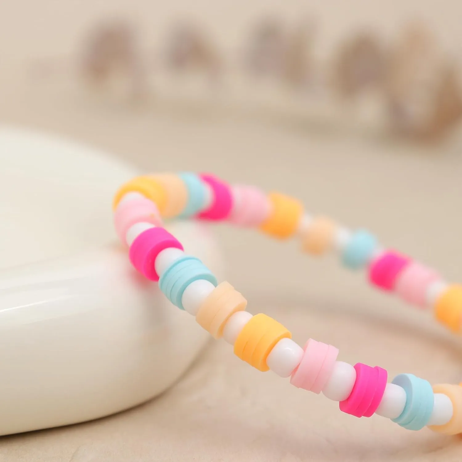 Gold Clay Beads Bracelets for Women, Boho Handmade Colorful Heishi Flat Beaded Friendship Stretch Bracelet Holiday Prom Jewelry Gift.