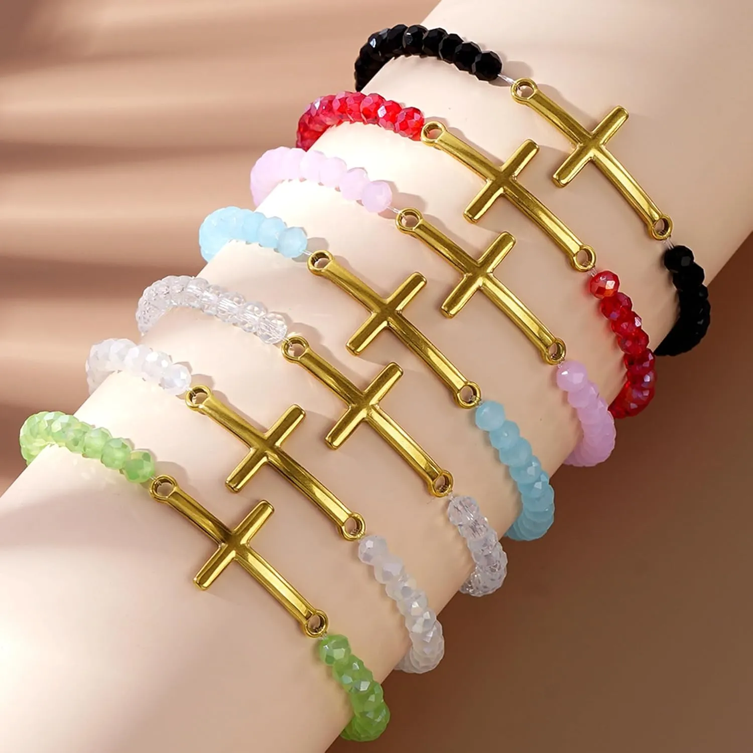 Gold Cross Crystal Beaded Bracelets for Women, Boho Handmade Natural Stone Stretch Beach Jewelry Gift.