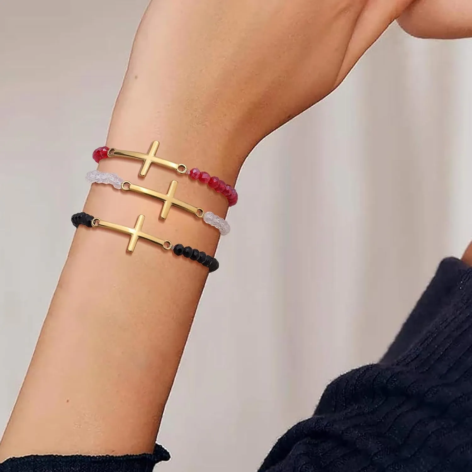 Gold Cross Crystal Beaded Bracelets for Women, Boho Handmade Natural Stone Stretch Beach Jewelry Gift.