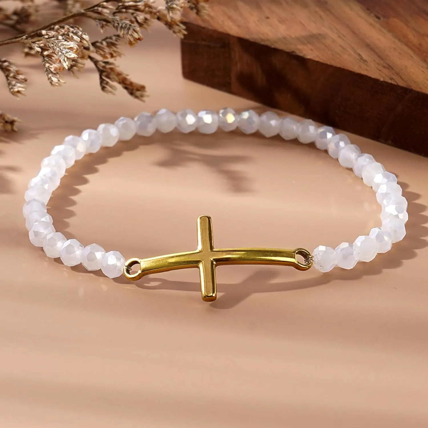Gold Cross Crystal Beaded Bracelets for Women, Boho Handmade Natural Stone Stretch Beach Jewelry Gift.
