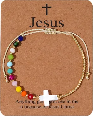 Gold Cross Crystal Beaded Bracelets for Women, Boho Handmade Natural Stone Stretch Beach Jewelry Gift.