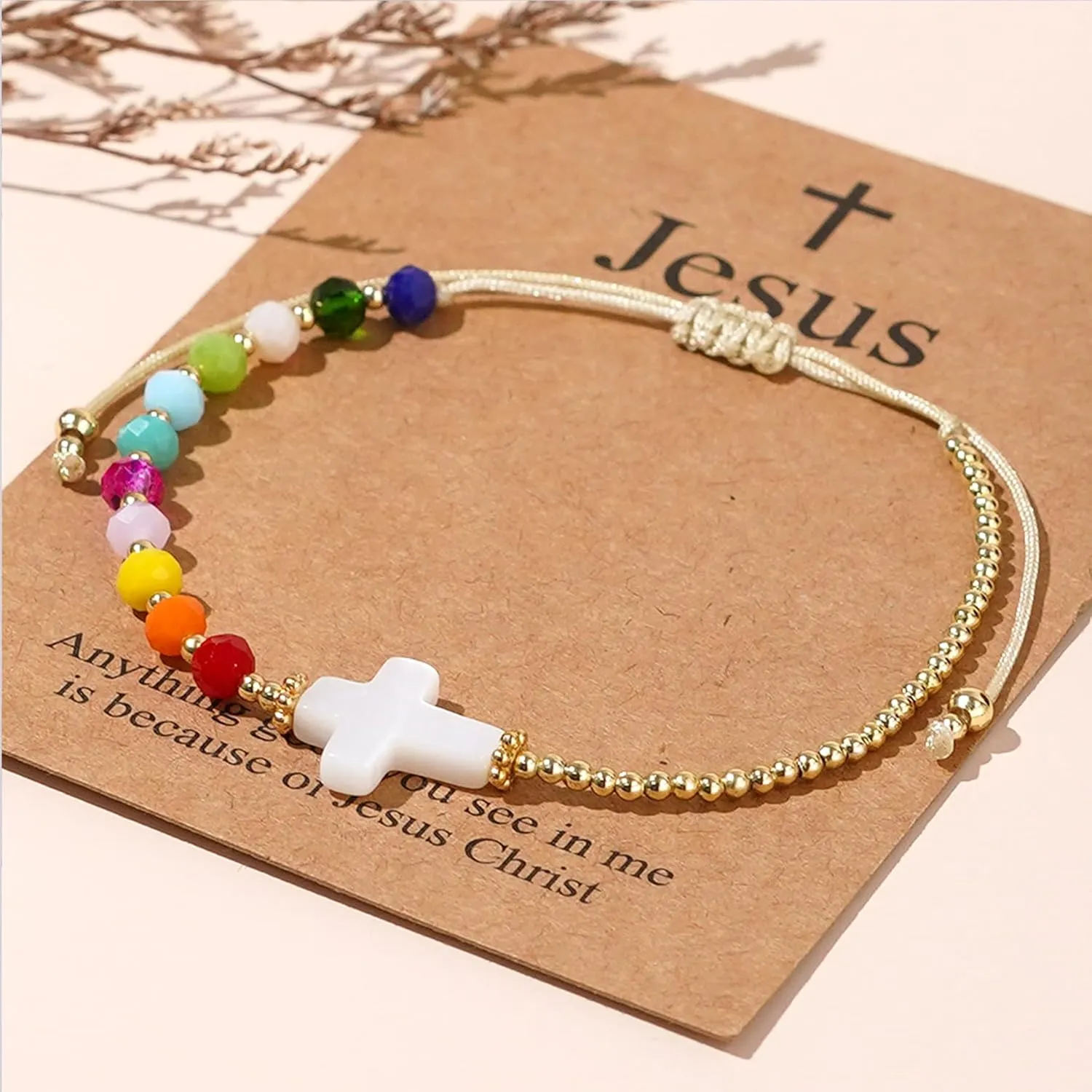 Gold Cross Crystal Beaded Bracelets for Women, Boho Handmade Natural Stone Stretch Beach Jewelry Gift.