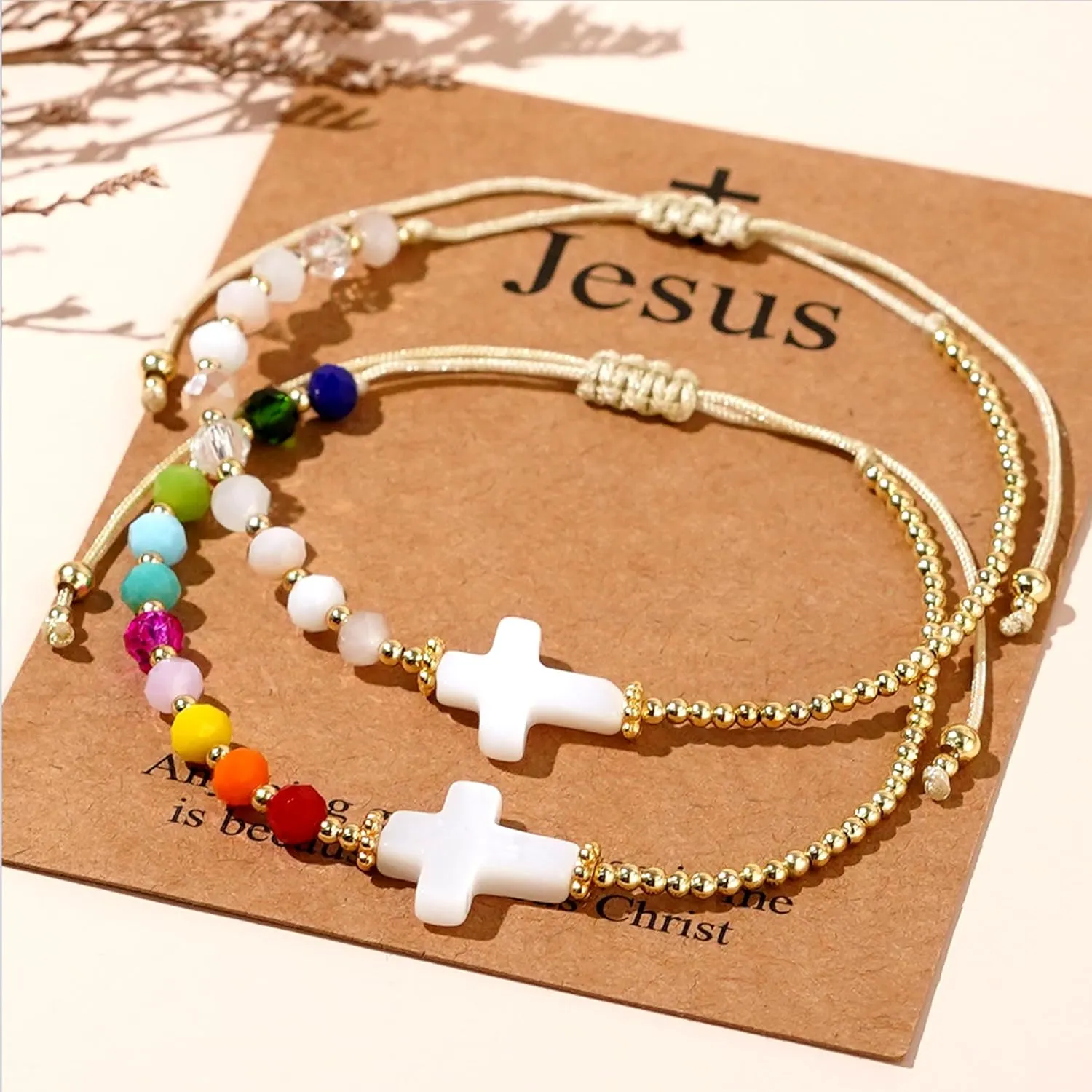 Gold Cross Crystal Beaded Bracelets for Women, Boho Handmade Natural Stone Stretch Beach Jewelry Gift.