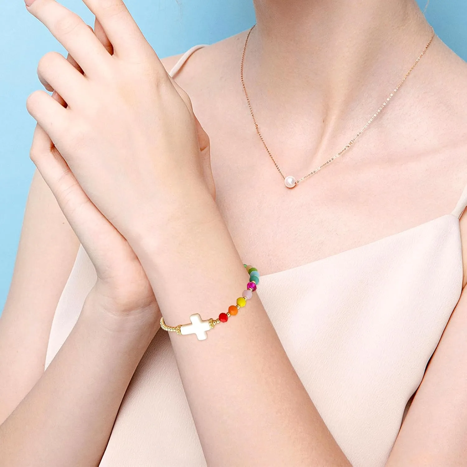 Gold Cross Crystal Beaded Bracelets for Women, Boho Handmade Natural Stone Stretch Beach Jewelry Gift.