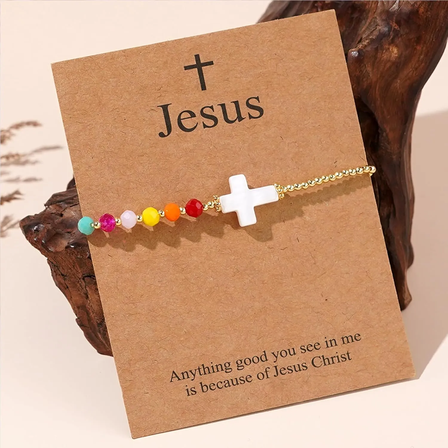 Gold Cross Crystal Beaded Bracelets for Women, Boho Handmade Natural Stone Stretch Beach Jewelry Gift.