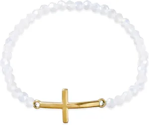 Gold Cross Crystal Beaded Bracelets for Women, Boho Handmade Natural Stone Stretch Beach Jewelry Gift.
