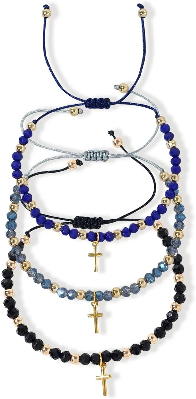 Gold Cross Gemstone Beaded Strand Bracelets Set Stack Friendship Women, Summer Boho Beads Stackable Adjustable Jewelry Gift.