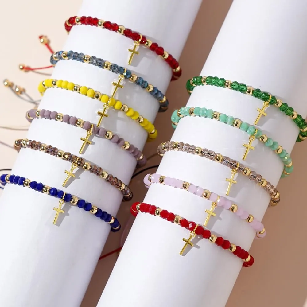 Gold Cross Gemstone Beaded Strand Bracelets Set Stack Friendship Women, Summer Boho Beads Stackable Adjustable Jewelry Gift.