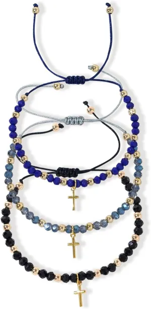 Gold Cross Gemstone Beaded Strand Bracelets Set Stack Friendship Women, Summer Boho Beads Stackable Adjustable Jewelry Gift.