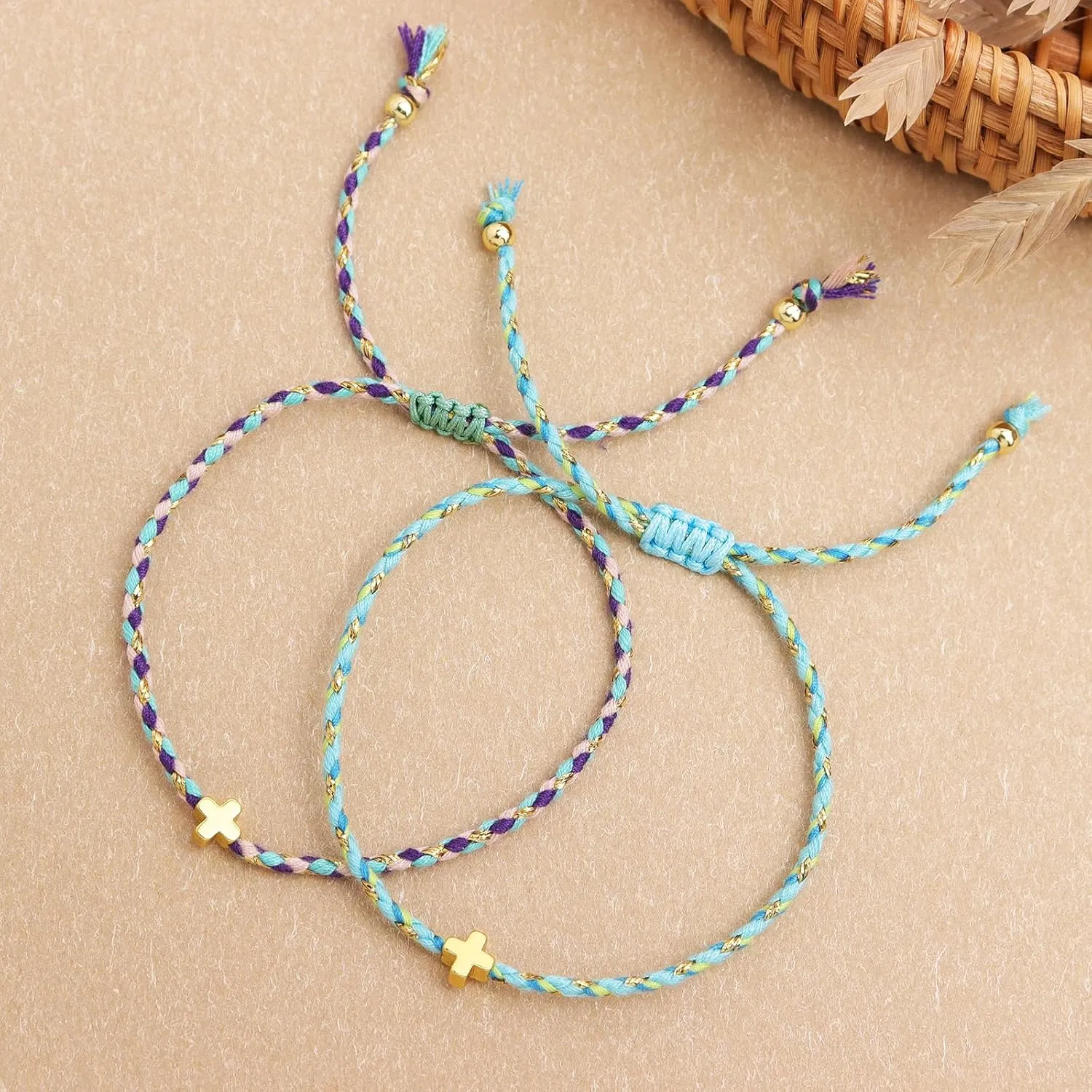 Gold Cross Woven Wrap Bracelets for Women, Boho Handmade Adjustable Braid Colorful Friendship Rope Bracelet Prom Jewelry Gift.