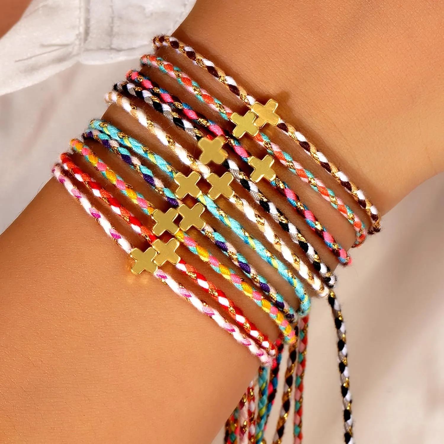 Gold Cross Woven Wrap Bracelets for Women, Boho Handmade Adjustable Braid Colorful Friendship Rope Bracelet Prom Jewelry Gift.