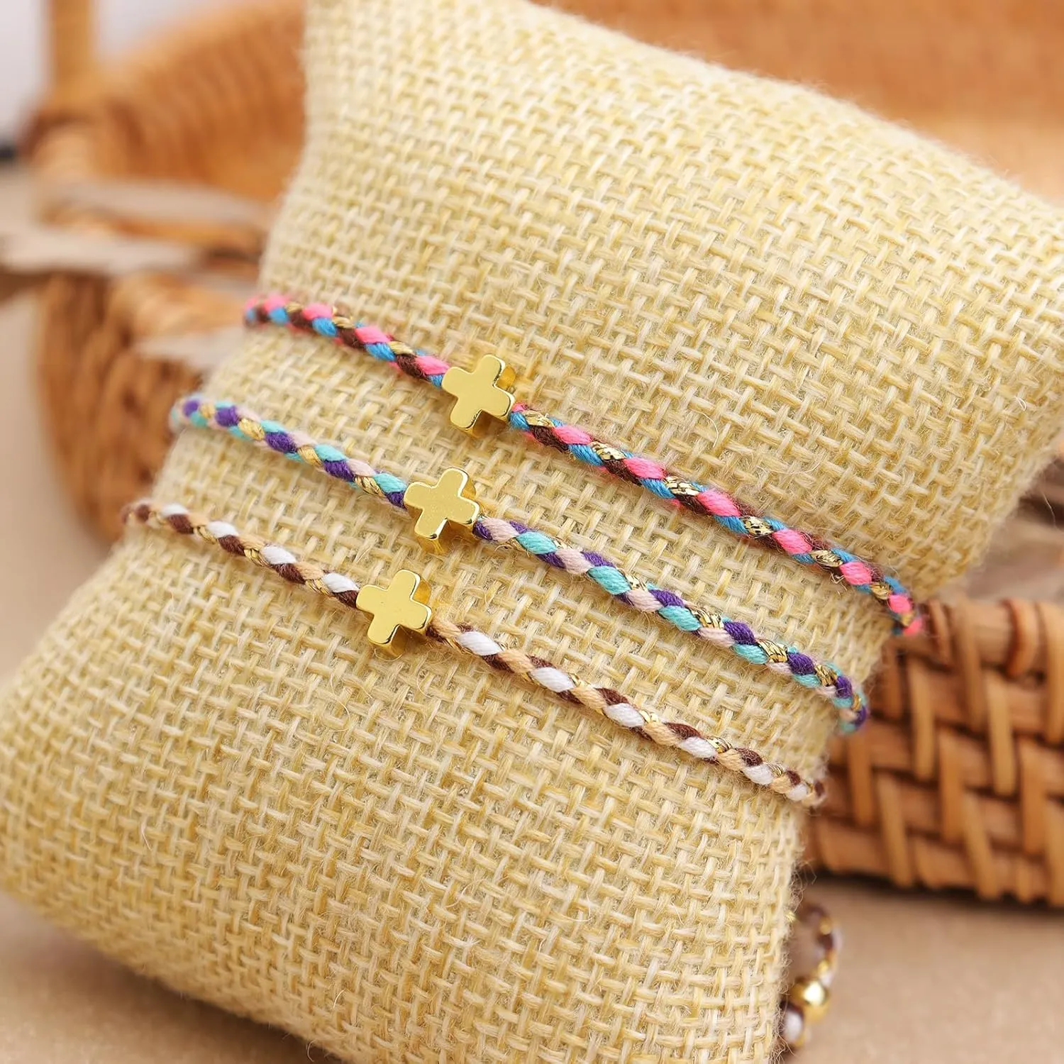 Gold Cross Woven Wrap Bracelets for Women, Boho Handmade Adjustable Braid Colorful Friendship Rope Bracelet Prom Jewelry Gift.