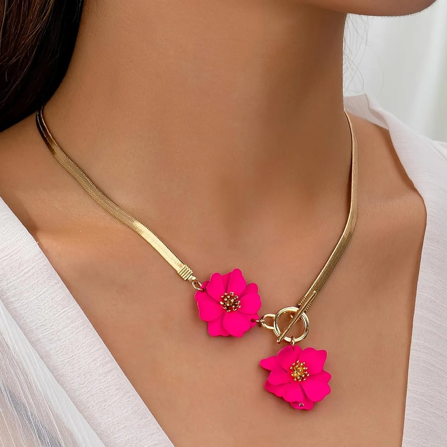Gold Flower Earrings Necklace Set Flower Jewelry Big Foral Statement Earrings for Women Summer Charm Necklace Beach Vacation Essentials