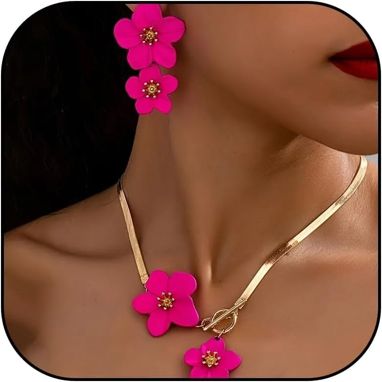 Gold Flower Earrings Necklace Set Flower Jewelry Big Foral Statement Earrings for Women Summer Charm Necklace Beach Vacation Essentials
