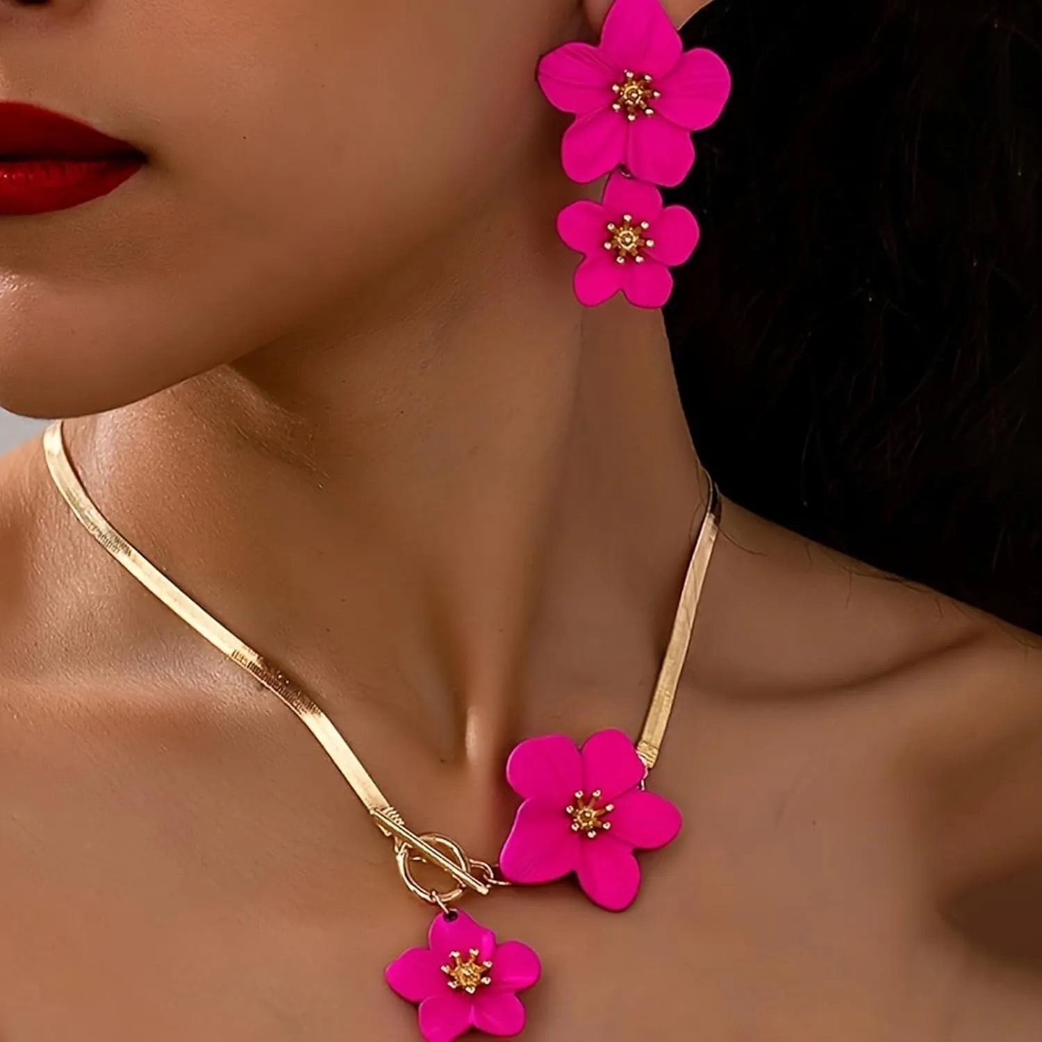 Gold Flower Earrings Necklace Set Flower Jewelry Big Foral Statement Earrings for Women Summer Charm Necklace Beach Vacation Essentials