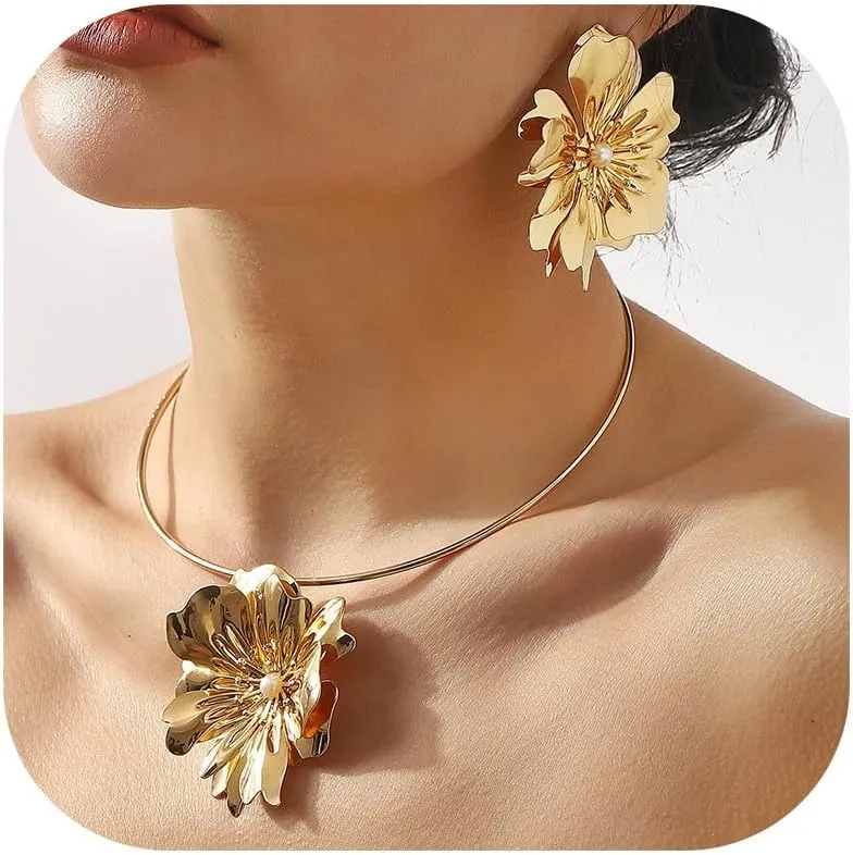 Gold Flower Earrings Necklace Set Flower Jewelry Big Foral Statement Earrings for Women Summer Charm Necklace Beach Vacation Essentials