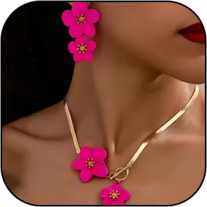 Gold Flower Earrings Necklace Set Flower Jewelry Big Foral Statement Earrings for Women Summer Charm Necklace Beach Vacation Essentials